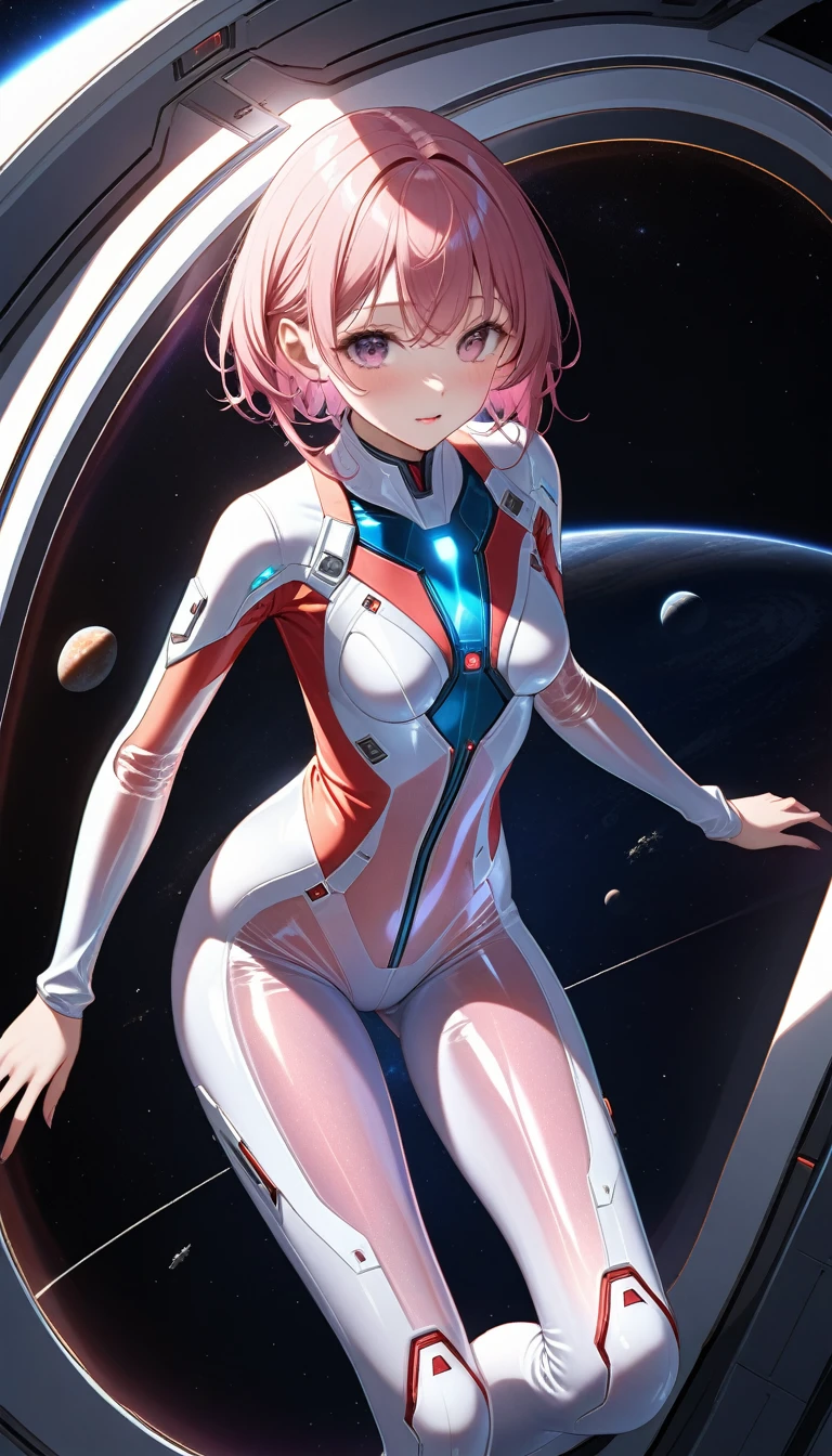 nsfw, (Ultra highest resolution), (Ultra highest quality), (Very detailed), (Very fine textures and colors), (Very clear), (Natural and beautiful light and shadow), (Natural and precise composition), (Accurate and correct human anatomy), Space fantasy style, One girl, Very tight fitting suit, Transparent suit with visible skin, Inside a space ship