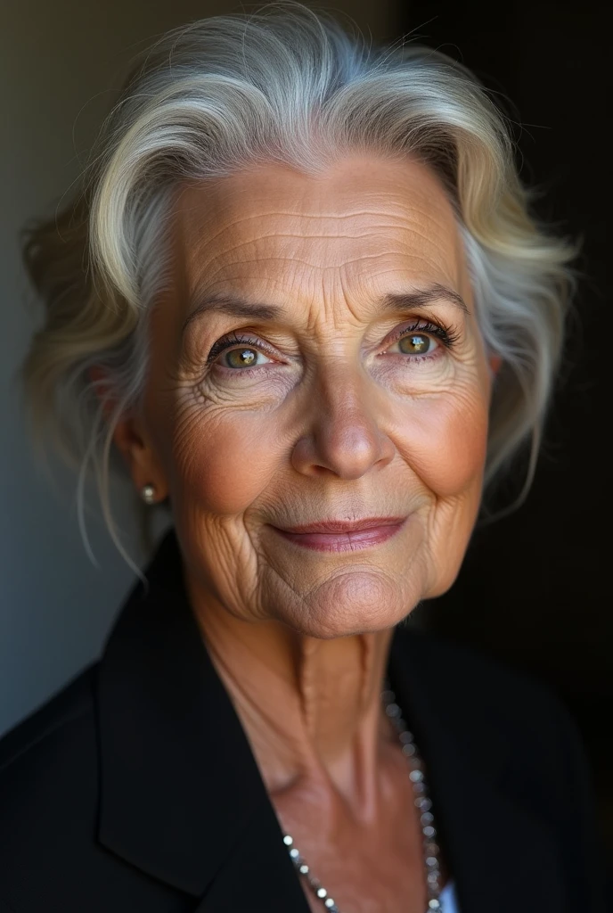 Beautiful mature woman 60 years old, wrinkles on the face, detailed face and texture, American woman, looks into the frame