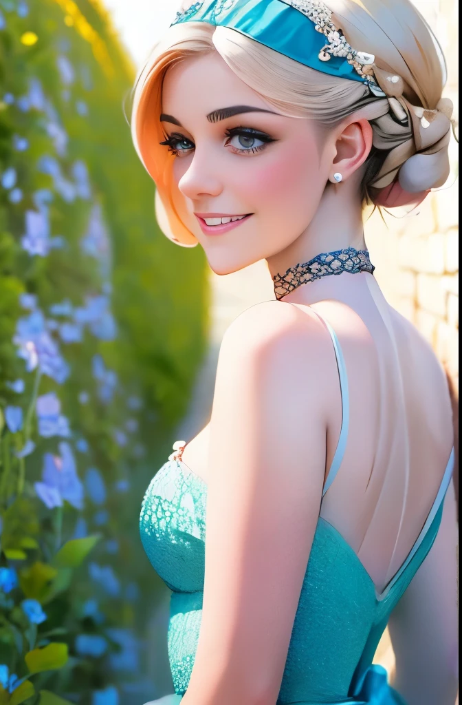 bride standing in front of a wall with a stone wall, a colorized photo inspired by Hedda Sterne, tumblr, pointillism, 1 9 2 0 s hairstyle, up face with 1 9 2 0 s hairstyle, photographed on colour film, wearing a sparkling dress, close up half body shot, her hair pinned up, wearing a dress made of beads
