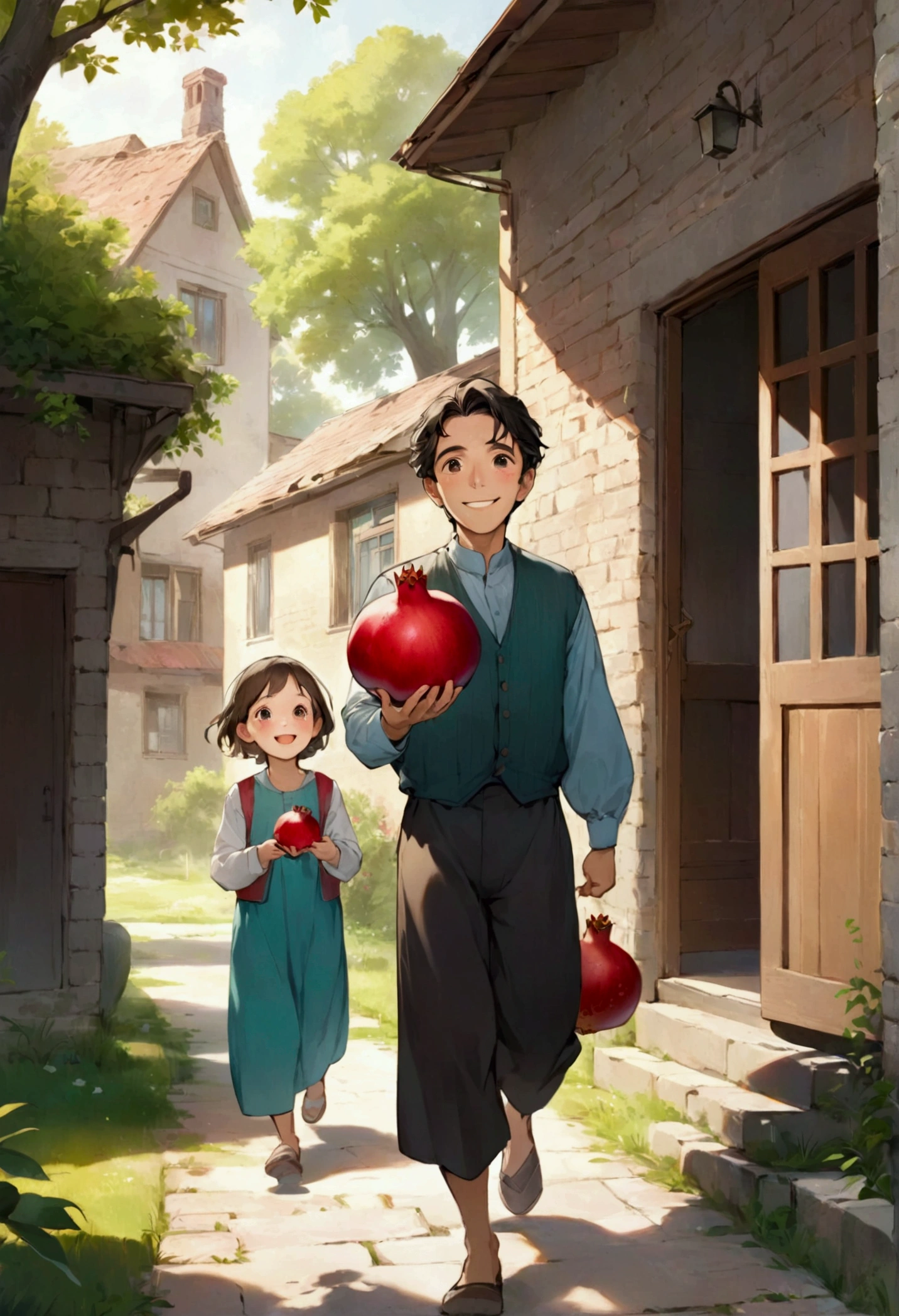 "Afghanfather with a warm and pleasant smile, holding a bright red pomegranate in his hand, walks towards an old house with brick walls and wooden windows. Around him, his children, with bright eyes and cheerful smiles, are running and playing. The green and fruitful trees in the yard of the old house have created a pleasant and fresh atmosphere, and the sound of children's laughter is in the air.