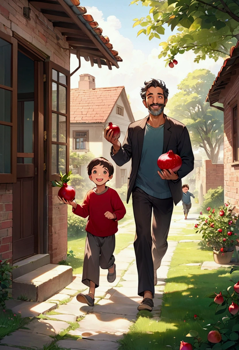 "Afghanfather with a warm and pleasant smile, holding a bright red pomegranate in his hand, walks towards an old house with brick walls and wooden windows. Around him, his children, with bright eyes and cheerful smiles, are running and playing. The green and fruitful trees in the yard of the old house have created a pleasant and fresh atmosphere, and the sound of children's laughter is in the air.