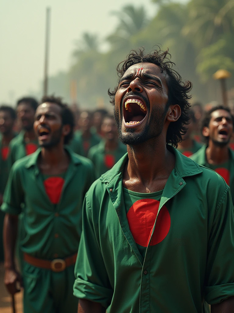 Indian army capturing Bangladesh by force people of ebony ugly Bangladesh wearing green lungi which has a red dot in the middle crying