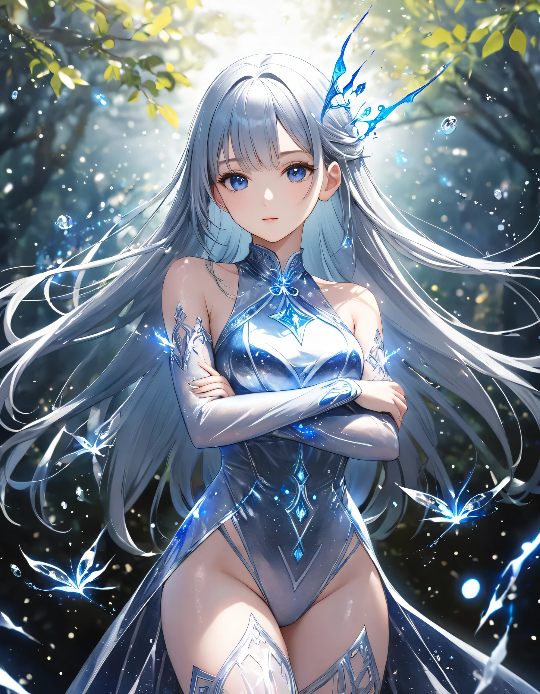 Highest quality,masterpiece,Ultra-high resolution,Fantasy、Magic Sake Chemical、Magical、One woman、Magically Powered Body、Magical Artery、(Blue and silver hair、Half Up、Long Hair)、Arms crossed、Transparent costume、diagonal、Natural background、Remains、Magic Particles、