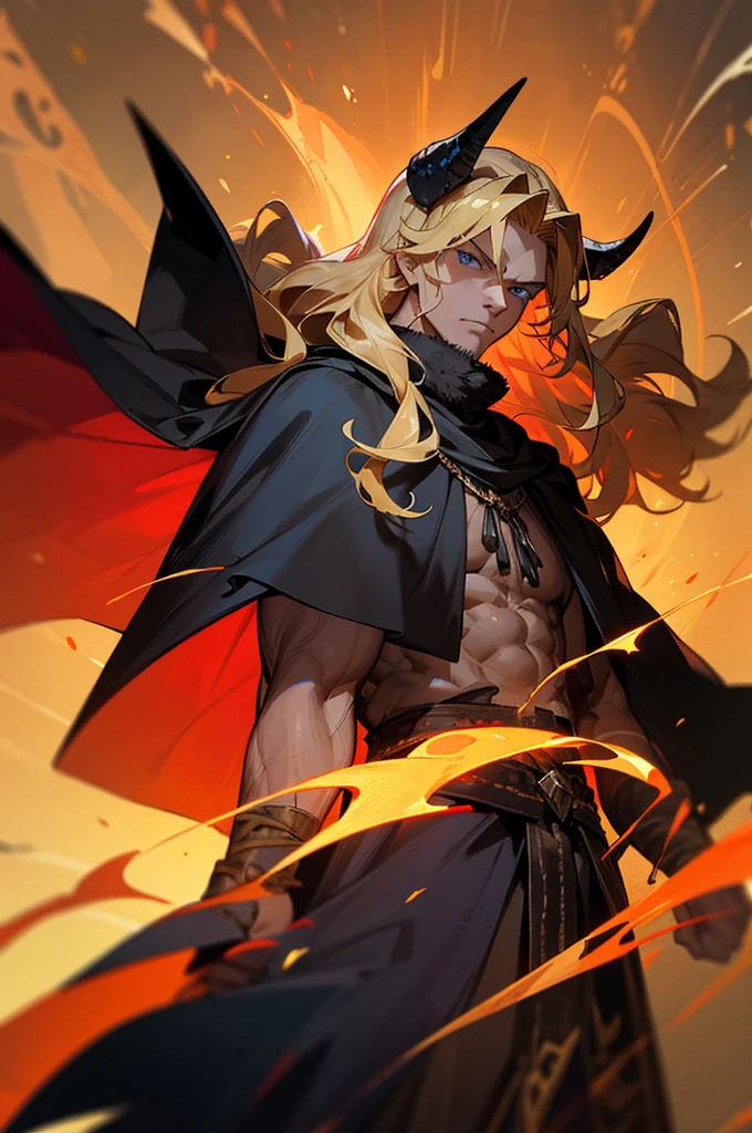 blue eyes, blonde hair, long hair, wavy hair, fire background, tattered clothing, serious face, muscular, cowboy shot, mature male, black cape, black and red Viking clothing, fur cape, golden Viking helmet