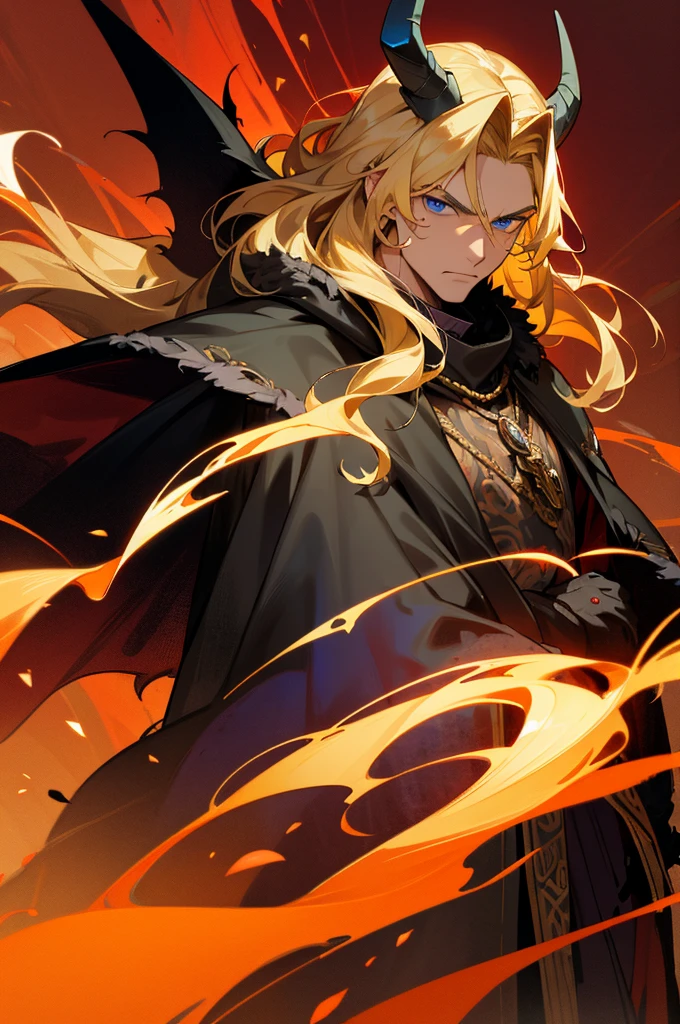 blue eyes, blonde hair, long hair, wavy hair, fire background, tattered clothing, serious face, muscular, cowboy shot, mature male, black cape, black and red Viking clothing, fur cape, golden Viking helmet