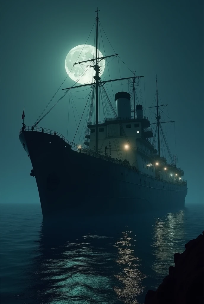
realistic, personality: [Illustrate a nighttime scene with the MV Liu Bof Orlova illuminated by pale moonlight, casting eerie shadows on its decaying structure. The ocean is calm, reflecting the moon, and faint ghostly apparitions can be seen on deck, hinting at the ship's haunted reputation and its tragic past] unreal engine, hyper real --q 2 --v 5.2 --ar