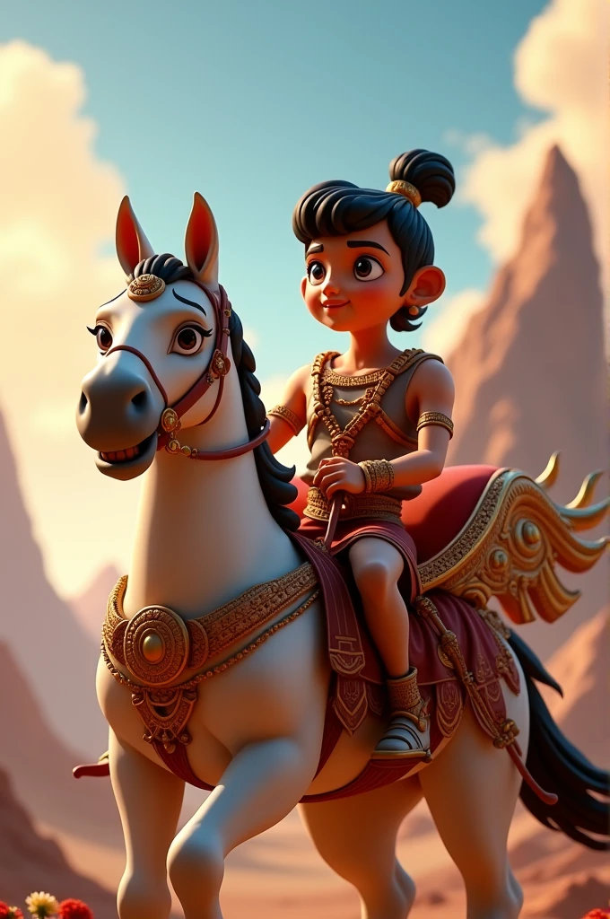 In cinematic 3d cartoon style " "Illustrate Arjuna, now determined and empowered by Krishna’s teachings, preparing for battle. He is mounted on his chariot, ready to fight with renewed resolve. Krishna stands beside him, guiding him with a reassuring presence."