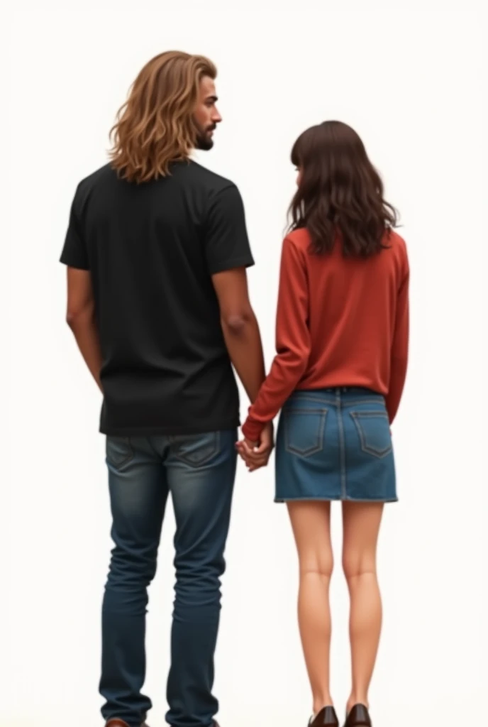 Create me an image of a heterosexual couple, that the man has long brown-blond hair and some wavy hair, with black clothes, a little dark skinned, The woman who has waist-length brown hair and wears a denim skirt and a red top, that they are holding hands with their backs turned, white and realistic background 