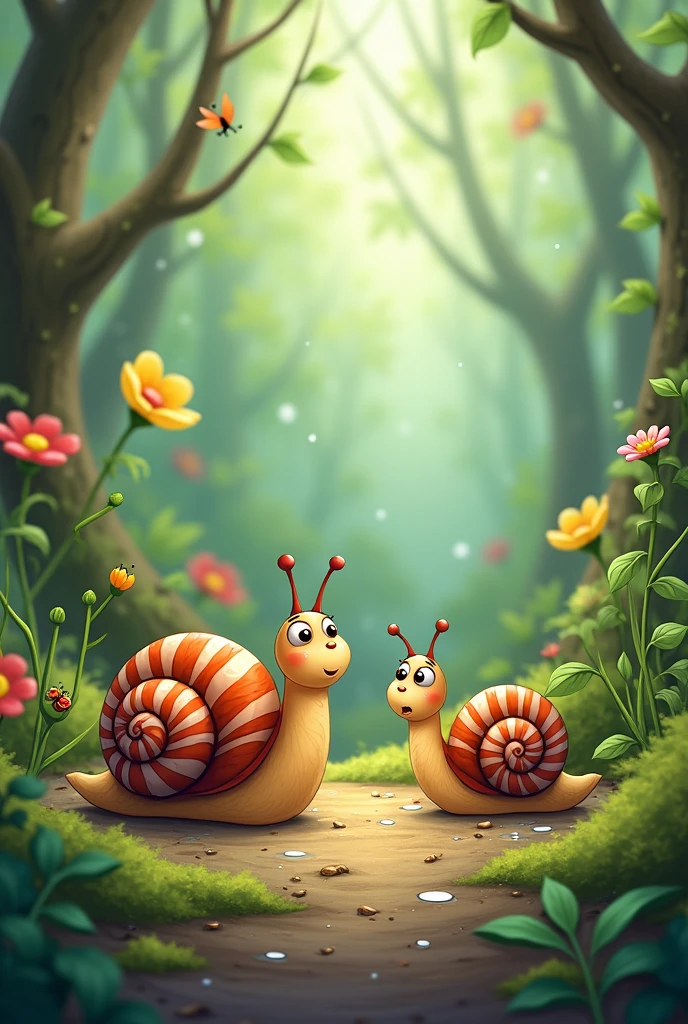 Cartoon of a snail with a shell and a snail without a shell. Zoom out to see the surrounding area. Zoom out again.