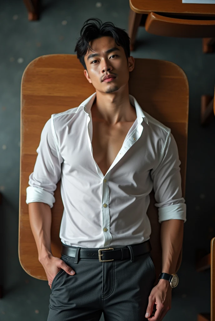 Asian man(korean,vietnamese,chinese,Japanese), 30 years old, Handsome and elegant,beardless, Wearing a transparent shirt, sexy , Masculine and handsome,musculous,Muscles look good,hairy bodies, with fair skin,, Full body photo,(ultra-detailed, photorealistic, best quality, 4k, 8k, highres, masterpiece:1.3), charming , (muscular build body), wearing tailored shiny dress shirt, with the top button casually undone, perfectly fitted charcoal trousers, sweat, unbutton buttons shirt, lewd face ,tight chest, sex, erotic, horny, Accessories include a luxury wristwatch in the Classroom,looking at viewer,muscle veins, sexy posing,lying on your back in classroom,top view,surrounded by boys