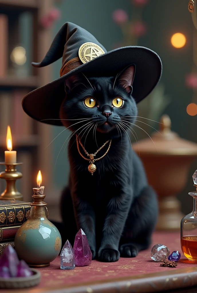 a cute black cat wearing witch'shat, surrounded by crystals and other magical objects, no humans, hat, witch hat, animal, animal focus, black cat, potion, cat, bat (animal), flask, gem, black headwear, ultra-realistic, 8k,ultra-realistic, hyper-detailed, 32k uhd, (Background is Luxury witches room and magic room) Magic Items, Magic Bottle, Large Magic Bottles, Elven Magic Bottle, Fairy Magic Bottle, hexagram, Crystal Magic, magic books wiccan, Luxury hexagram necklace, luxurious witch necklace, very much Witch spices and Magic Spices, 