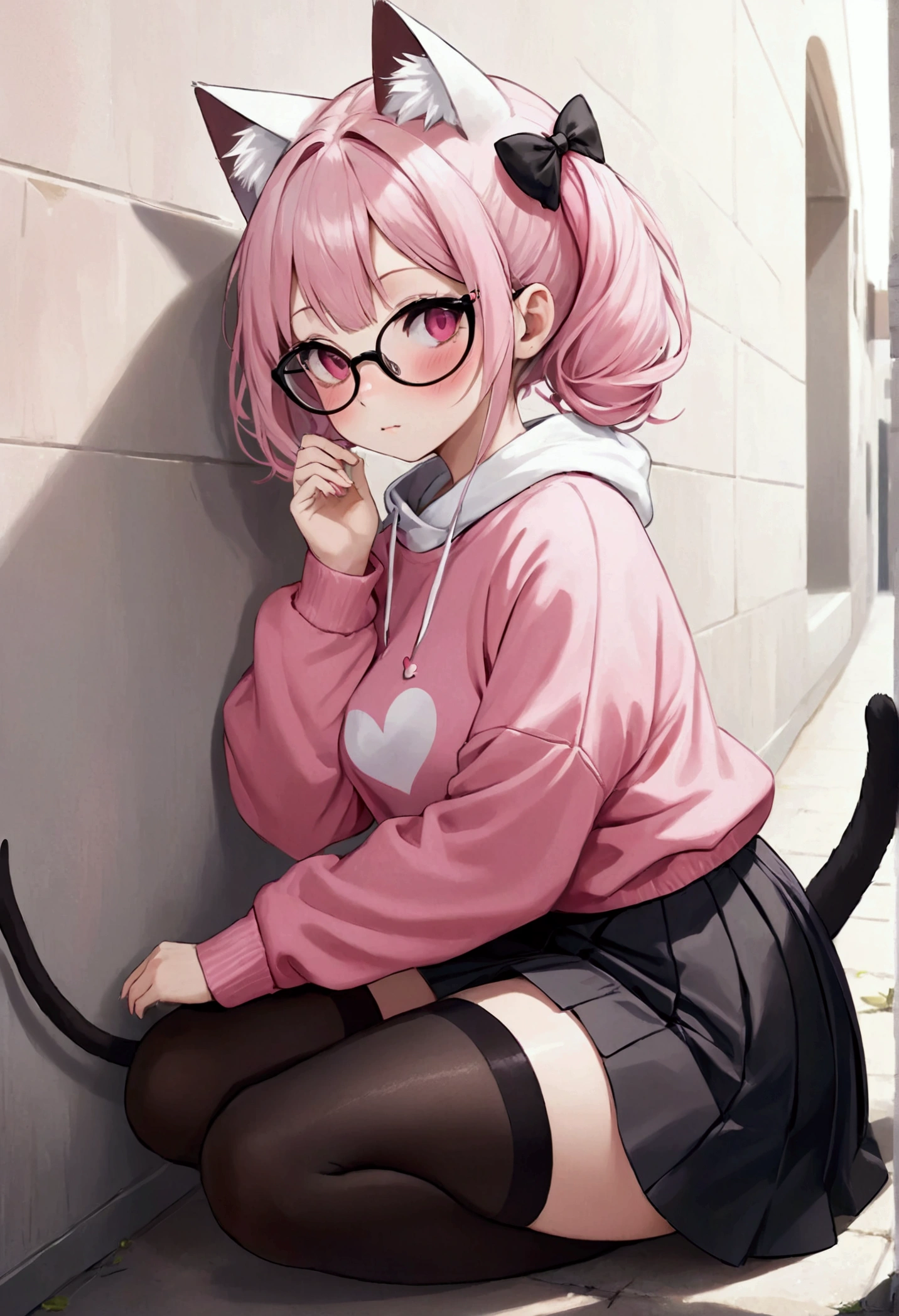 I have white pink hair, cat ears, a bun, my face is super blushing, black glasses, pink heart eyes, a big pink sweatshirt, a black skirt, black stockings, white shoes, a cat's tail, a girl. very shy that she is glued to a wall with her butt