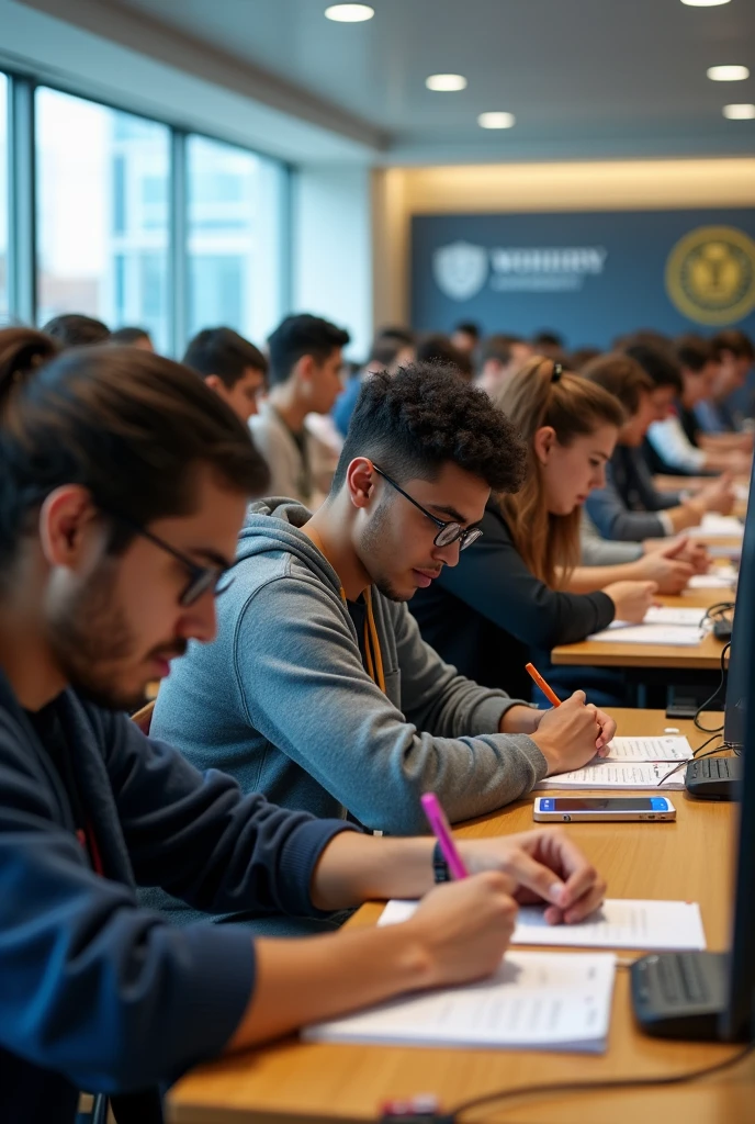 A group of students intensely focused on a competitive exam in a large, modern classroom at a university. The students are sitting at individual desks, each with a computer or paper exam in front of them. The room is well-lit, with large windows and university emblems on the walls, reflecting the environment of a respected institution. The atmosphere is tense but determined, with a mix of diverse students all wearing smart casual clothing. The university logo is visible on a banner in the background, and some students have their IDs placed on their desks.