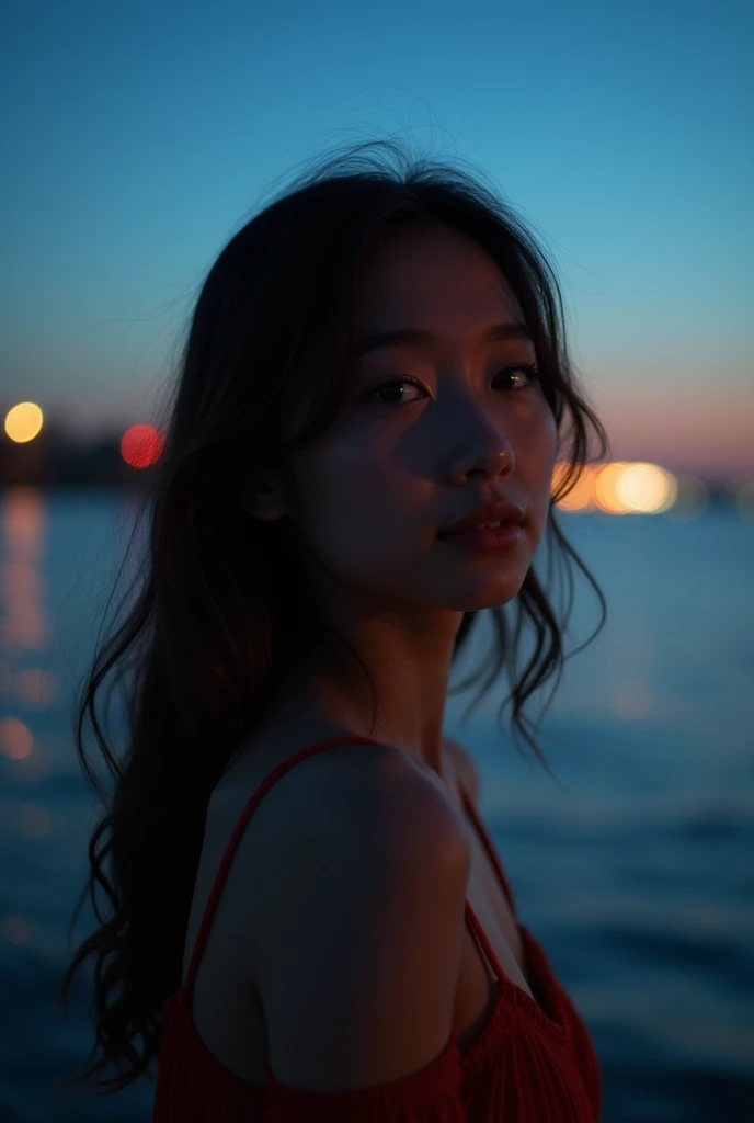 Asian girl at the seaside，night，Contrast between warm and cold light