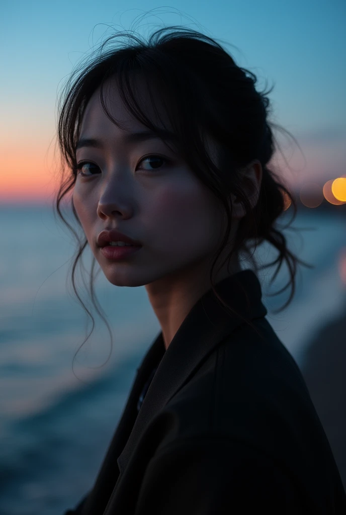 Asian girl at the seaside，night，Contrast between warm and cold light