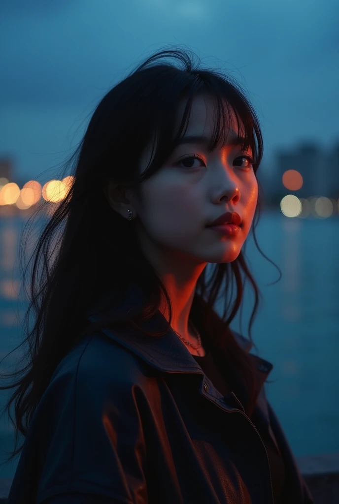 Asian girl at the seaside，night，Contrast between warm and cold light