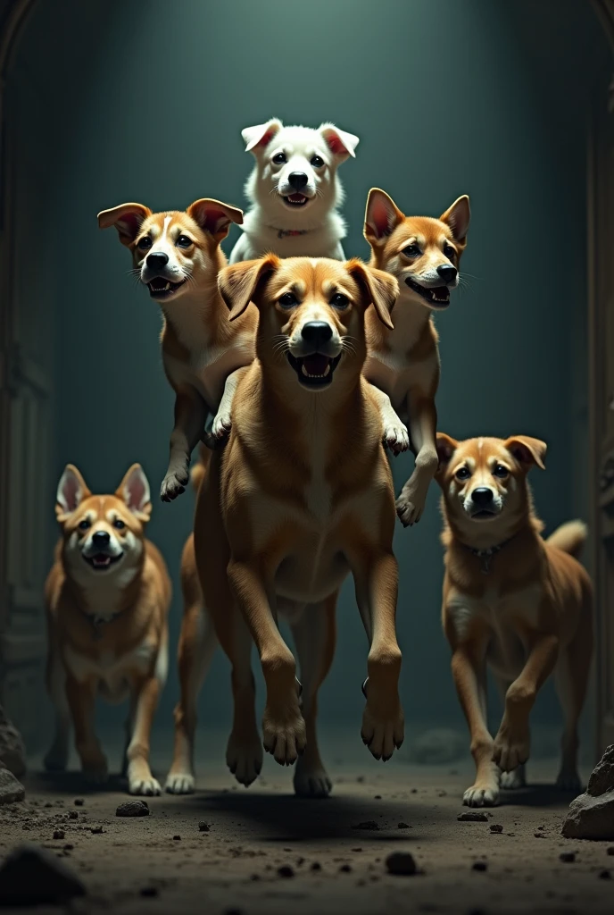 Dogs riding on another dog in a dark room