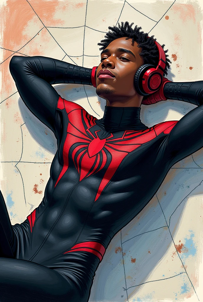Miles Morales lying on his web , with his arms behind his head , listening to music, without mask , with his classic black suit , crayon drawing style
