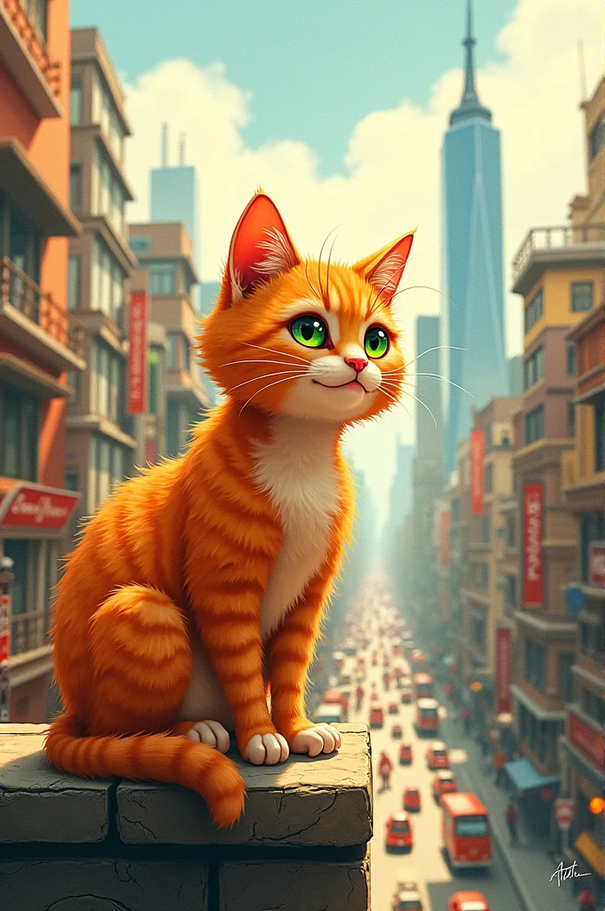 Drawing of an orange cat and a city view

