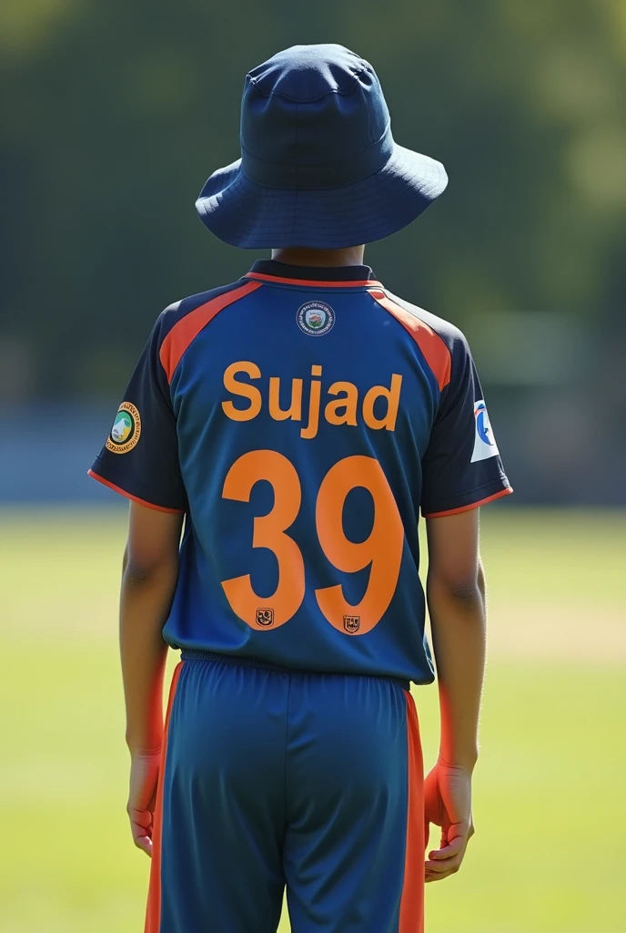 19 year old boy is playing and he is wearing u19 cricket jersey and he is also wearing a hat, his back should be seen, his jersey number will be 39, his jersey name is Sujad
