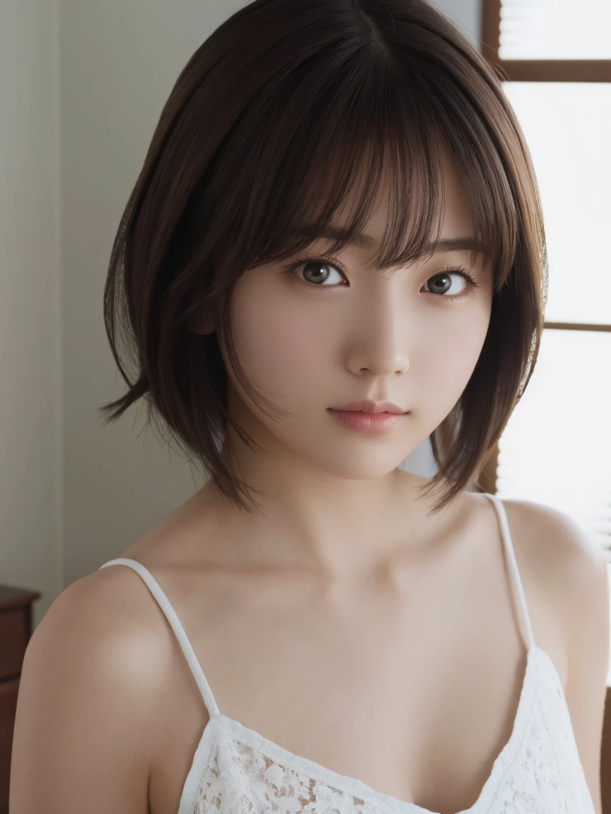 masterpiece、Highest quality、High resolution、Japanese women、(RAW Photos, Highest quality), (reality, Realistic:1.4) Tabletop、wallpaper、reality的、Bright lighting、Professional Lighting、Face Light、Smooth lighting、Adult、sexy、Sunburned skin、very detailed eyes and face, Beautiful and detailed nose, beautiful eyes, Perfect Anatomy、short hair、Brunette Hair、Iris、Serious face、Dimly lit bedroom