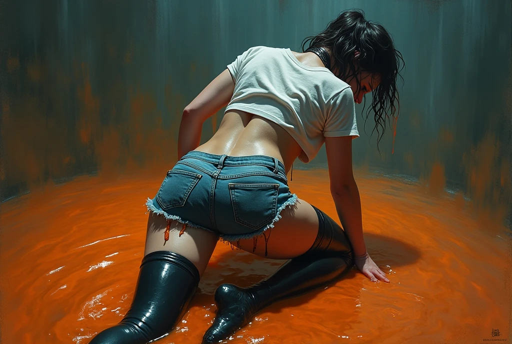 conceptual art, drowning, dripping wet, drama, indulges in fetish, rubber black stockings, vintage jeans cut-offs, wet t-shirt, slave collar, stuck in slime, orange blue, black, void, sensually touches her crotch, back view
