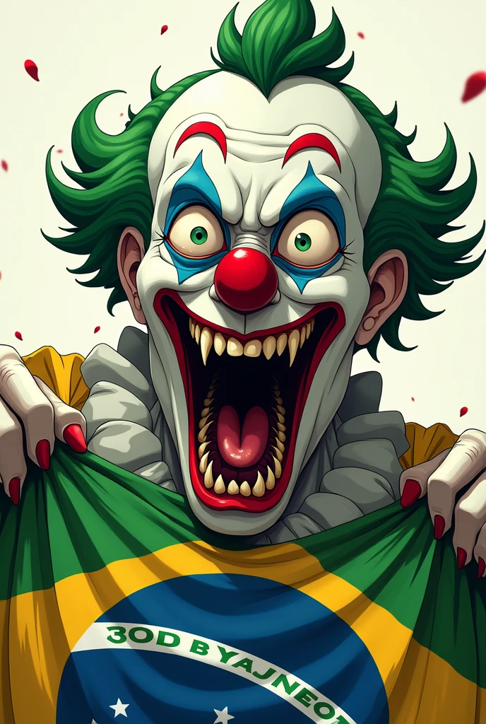 An image of an anime clown biting the Brazilian flag