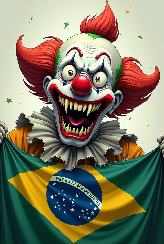 An image of an anime clown biting the Brazilian flag