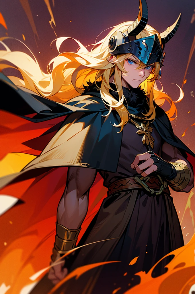 blue eyes, blonde hair, long hair, wavy hair, fire background, tattered clothing, serious face, muscular, cowboy shot, mature male, black cape, black and red Viking clothing, fur cape, golden Viking helmet