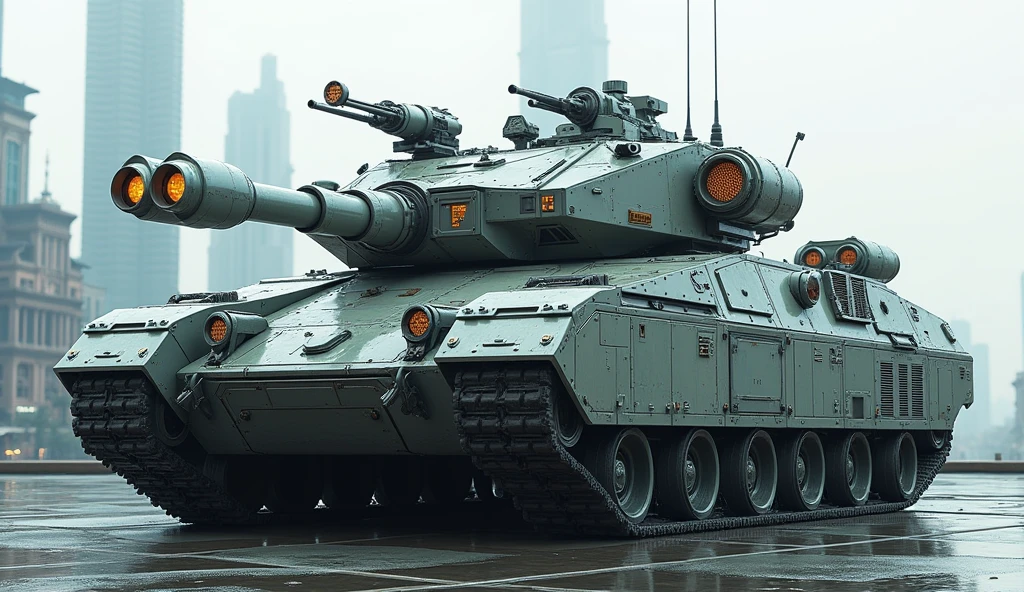 concept of a city contained in an armored tank of the future, concept imagined by an AI, Very futuristic and detailed armor,  armor formed by multiple guns on turrets and mechanical arms, hyperrealistic, very detailed, masterpiece, 8k, 16k, futuristic landscape
