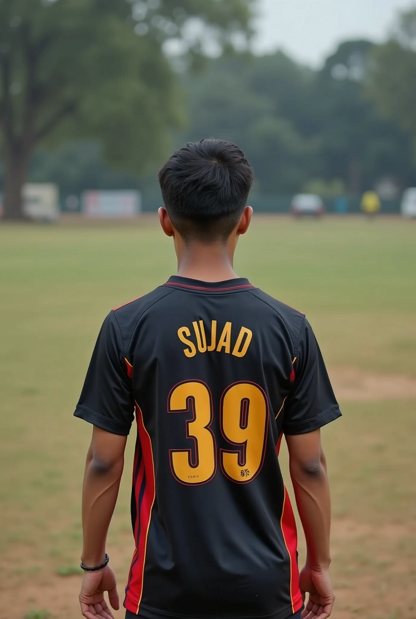 18 year old boy is playing and he is weari dream 11 jersey and he is also wearing a hat, his back should be seen, his jersey number will be 39, his jersey name is Sujad