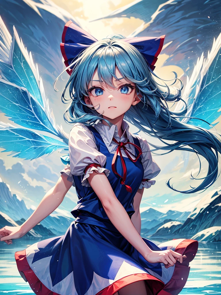1girl, ((Alluring)),((Wear cold air)),cirno (Touhou), ((long hair)), blue hair, ice wings, ((Hair blowing in the wind)),fairy wings, Blue eyes, bangs, white shirt, collared shirt, puffy short sleeves, blue dress, pinafore dress, red ribbon, neck ribbon, blue bow, green bow, hair bow, bow,((misty lake)),((Gensokyo))