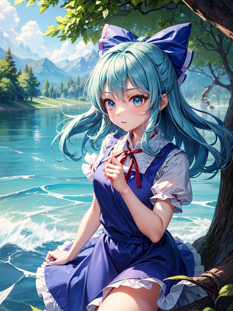 1girl, ((Alluring)),((Wear cold air)),cirno (Touhou), ((long hair)), blue hair, ice wings, ((Hair blowing in the wind)),fairy wings, Blue eyes, bangs, white shirt, collared shirt, puffy short sleeves, blue dress, pinafore dress, red ribbon, neck ribbon, blue bow, green bow, hair bow, bow,((misty lake)),((Gensokyo))