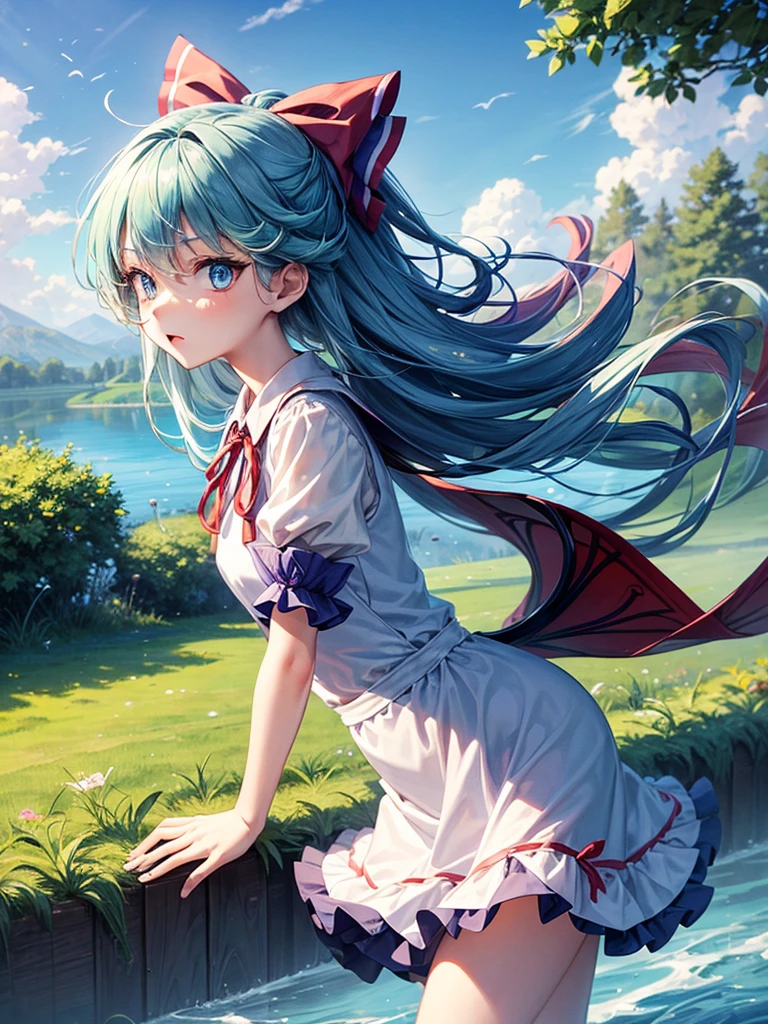1girl, ((Alluring)),((Wear cold air)),cirno (Touhou), ((long hair)), blue hair, ice wings, ((Hair blowing in the wind)),fairy wings, Blue eyes, bangs, white shirt, collared shirt, puffy short sleeves, blue dress, pinafore dress, red ribbon, neck ribbon, blue bow, green bow, hair bow, bow,((misty lake)),((Gensokyo))