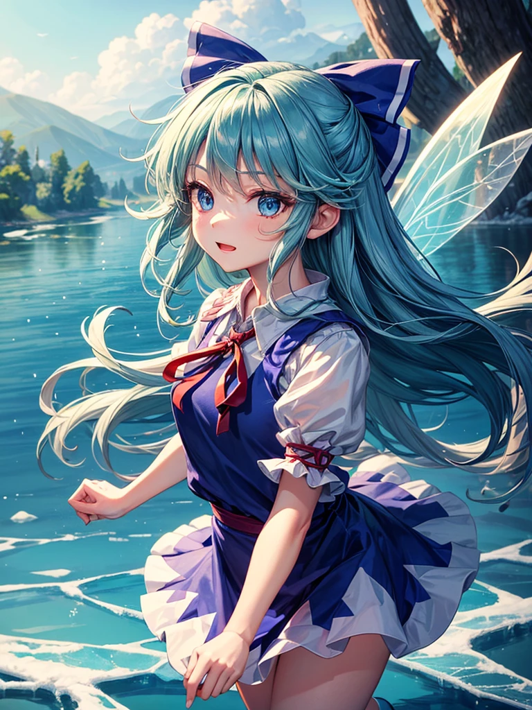 1girl, ((Alluring)),((Wear cold air)),cirno (Touhou), ((long hair)), blue hair, ice wings, ((Hair blowing in the wind)),fairy wings, Blue eyes, bangs, white shirt, collared shirt, puffy short sleeves, blue dress, pinafore dress, red ribbon, neck ribbon, blue bow, green bow, hair bow, bow,((misty lake)),((Gensokyo))