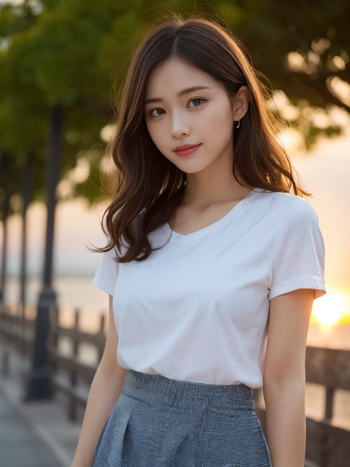 Photorealistic, Live action, Look here and smile, background inside the sunset city, Colorful short-sleeved summer clothes with skirt, masterpiece, Best Quality, Ultra-detailed, finely detail, high resolution, 8K Wallpaper, Perfect dynamic composition, Beautiful detailed eyes, Sexy face, long curly brown hair, Normal chest, Photo from the knee up, (Random body orientation),