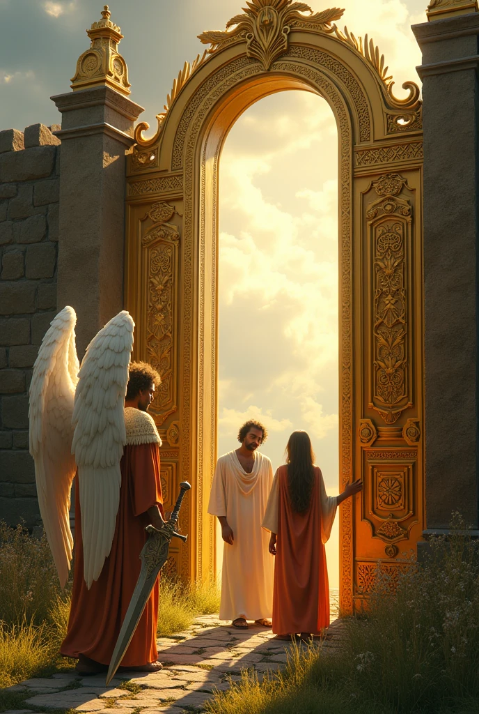 The image shows a solemn scene in front of ornate golden gates in a natural setting.. An imposing angel, with white wings and a flaming sword, is standing guard while a man and a woman, dressed in ancient tunics, They approach the doors. The woman, at the door, seems to welcome them, opening them with a serene expression. The cloudy sky and golden light illuminating the scene suggest a sacred atmosphere., Possibly representing passage to another world or a divine place.