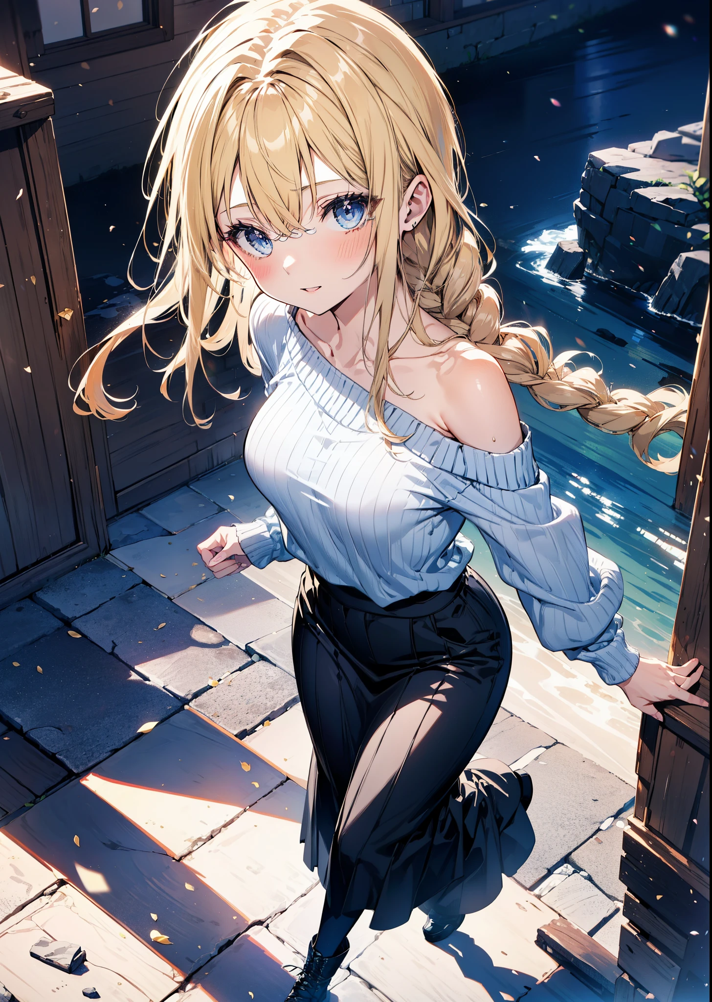Alicesburg, Alice Zuberg, bangs, blue eyes, Blonde, Hair between the eyes, hair band,smile,blush,Open your mouth, Long braids,Glasses,One-shoulder sweater,Long skirt,Black pantyhose short boots,Walking,Daytime,Clear skies,whole bodyがイラストに入るように,
break outdoors ,Building district,
break looking at viewer, whole body,
break (masterpiece:1.2), Highest quality, High resolution, unity 8k wallpaper, (figure:0.8), (Beautiful attention to detail:1.6), Highly detailed face, Perfect lighting, Highly detailed CG, (Perfect hands, Perfect Anatomy),