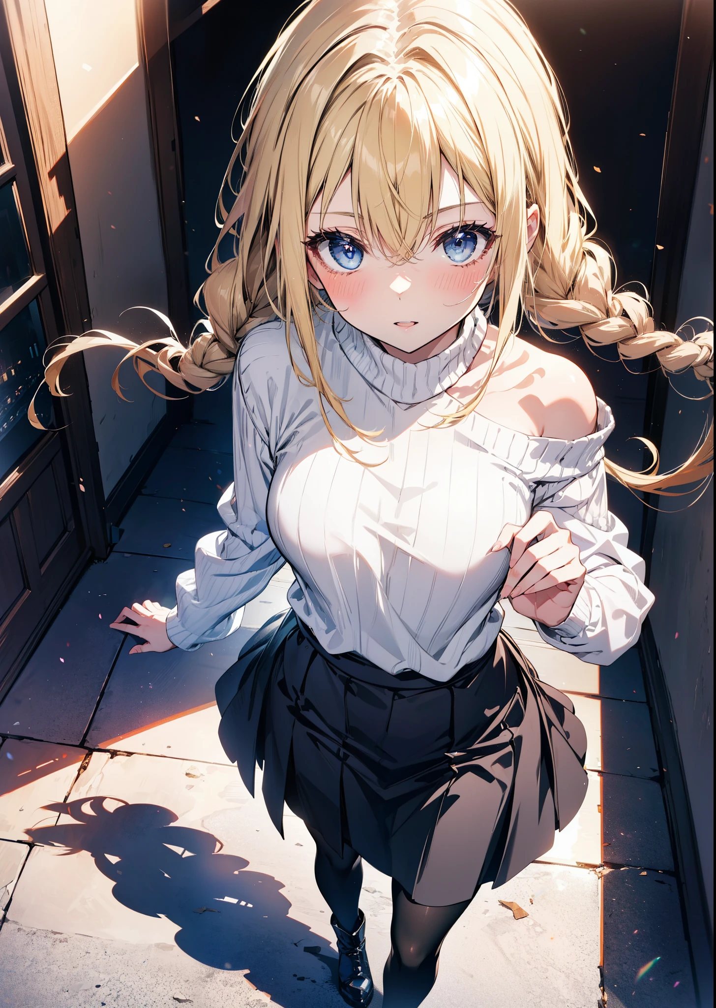 Alicesburg, Alice Zuberg, bangs, blue eyes, Blonde, Hair between the eyes, hair band,smile,blush,Open your mouth, Long braids,Glasses,One-shoulder sweater,Long skirt,Black pantyhose short boots,Walking,Daytime,Clear skies,whole bodyがイラストに入るように,
break outdoors ,Building district,
break looking at viewer, whole body,
break (masterpiece:1.2), Highest quality, High resolution, unity 8k wallpaper, (figure:0.8), (Beautiful attention to detail:1.6), Highly detailed face, Perfect lighting, Highly detailed CG, (Perfect hands, Perfect Anatomy),