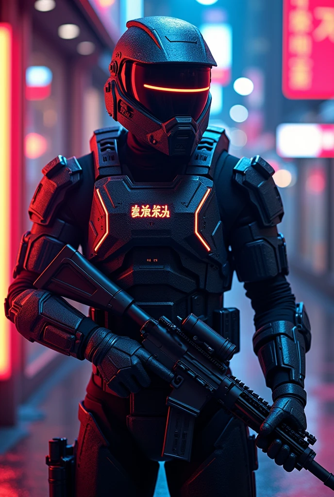 Soldier cyber neon armored suit