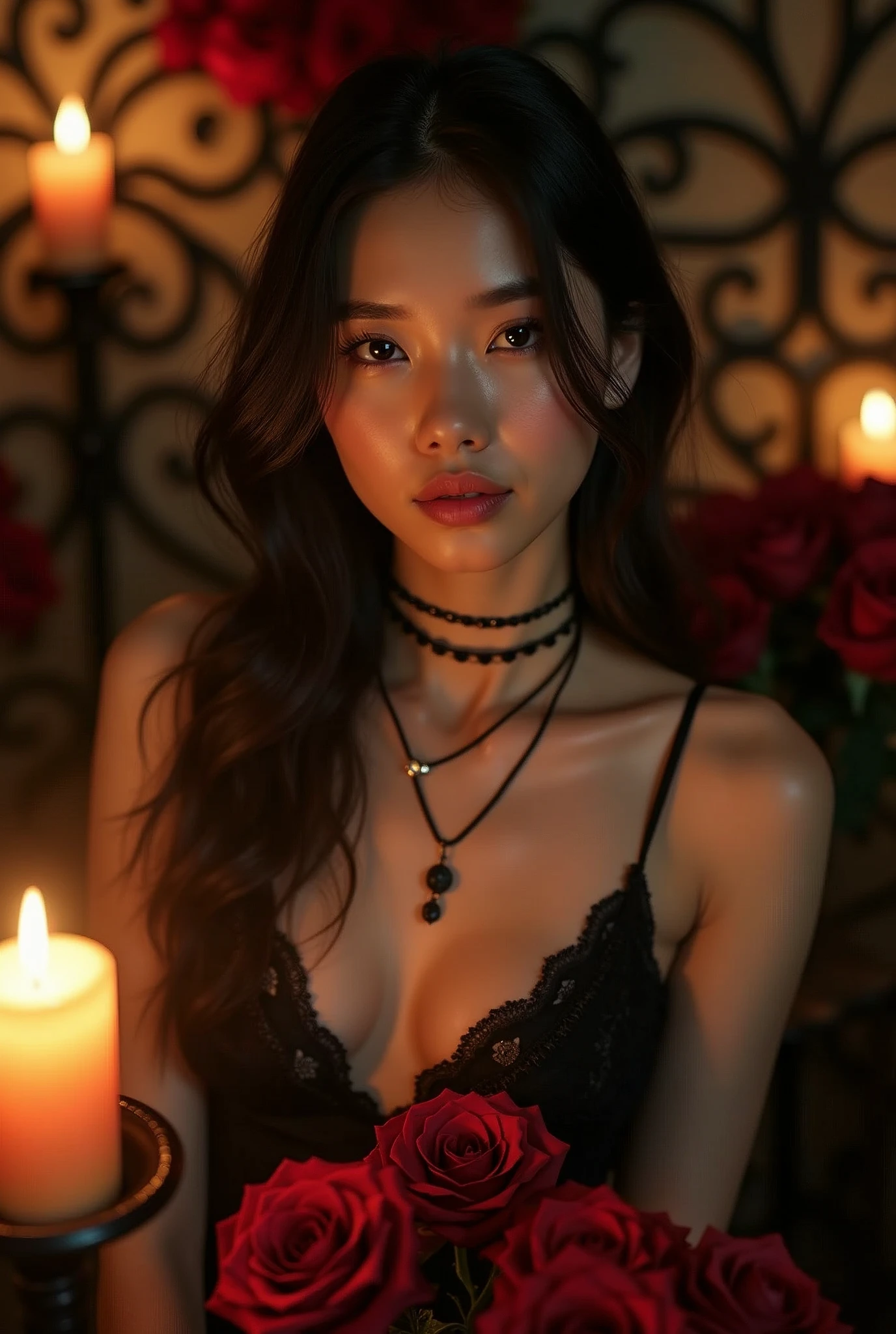 (RAW photo, Photoreal:1.4), 8K, highest quality, masterpiece, ultra high resolution), (perfect dynamic composition:1.2), (Highly detailed skin and facial textures:1.2), (Slim lady:1.3), (Fair skin:1.2), (beautiful and aesthetic:1.1), (medium breast:1.1) , 19 year old young and beautiful , half Korean and half German girl with beautiful thin, sharp and long face , light smiling through light pink lips wearing Dark, intricate lace pieces , Sleek, straight hair, Layered necklaces, anklets, a moody, candle-lit setting featuring wrought iron decor and deep red roses , perfect fingers and hands, standing and looking at the viewer