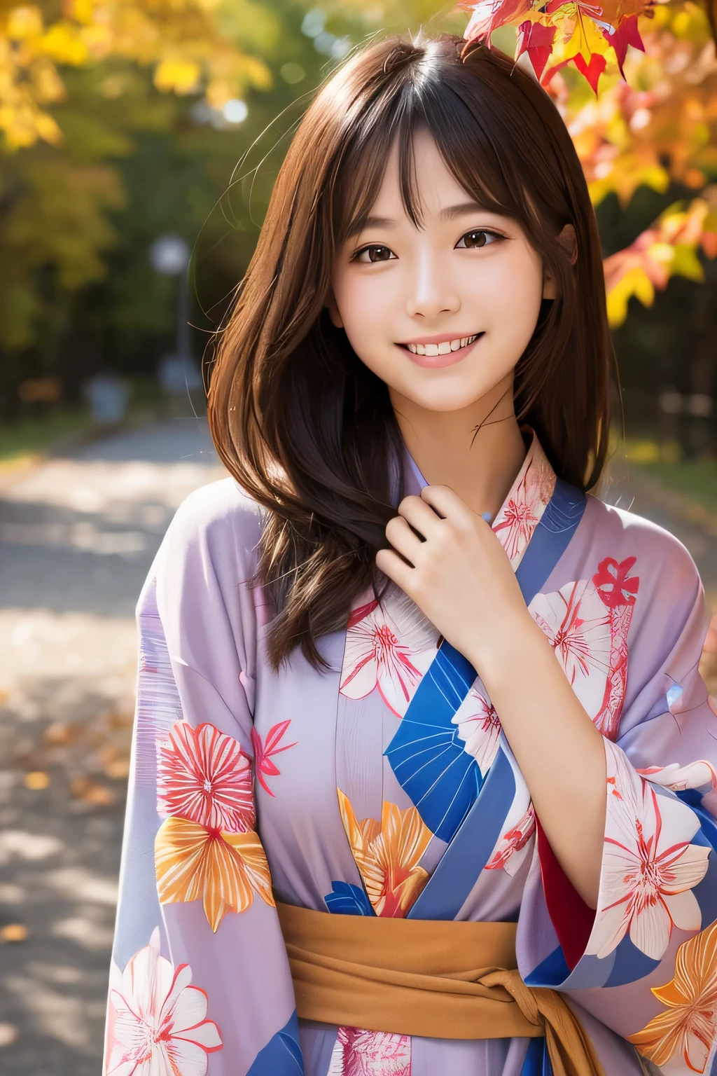 Realistic Skin,In detail, High resolution, high quality、Perfect dynamic composition, Beautiful attention to detail, Medium Hair, small 、Natural color lip,Kamimei、Heaven Background、20-year-old girl、1 person、Clear Skin、Shiny Hair、Tabletop, 最high quality, figure, Very detailed, In detail, High resolution, 8k、Face and body facing forward, correct position of the human body、Laughter,Hair dancing in the wind,Colorful and cute autumn leaf pattern yukata,your,Temperature 0°C