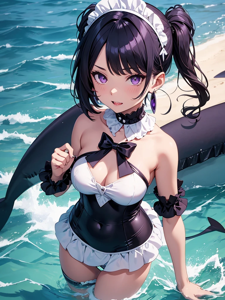 earrings, maid swimsuit costume, Whole body, shark tail girls, sharp teeth, short wavy black hair, purple eyes, several girls