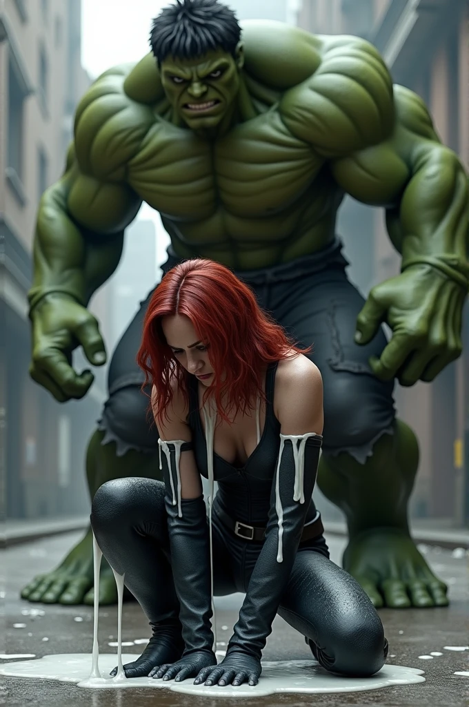 Imagina a black widow y Hulk, Black Widow is crouched on all fours, she is very tired and wet with milk , Hulk