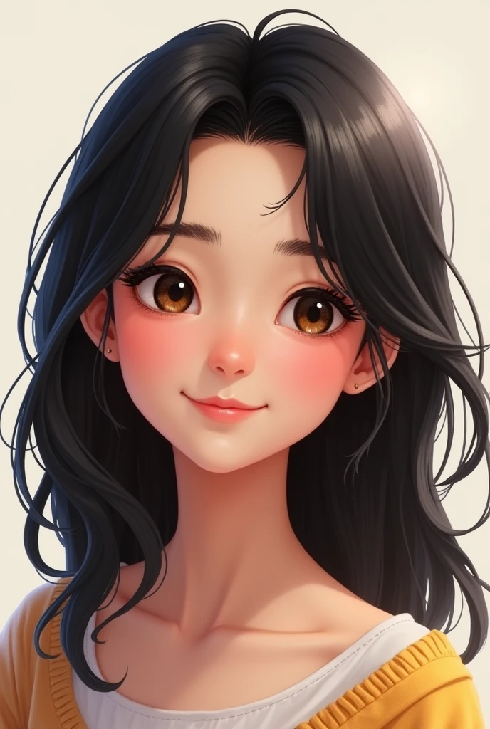 Dimple cheeks, cute smile teenage girl ,black hair, dense eyebrows, mid size 