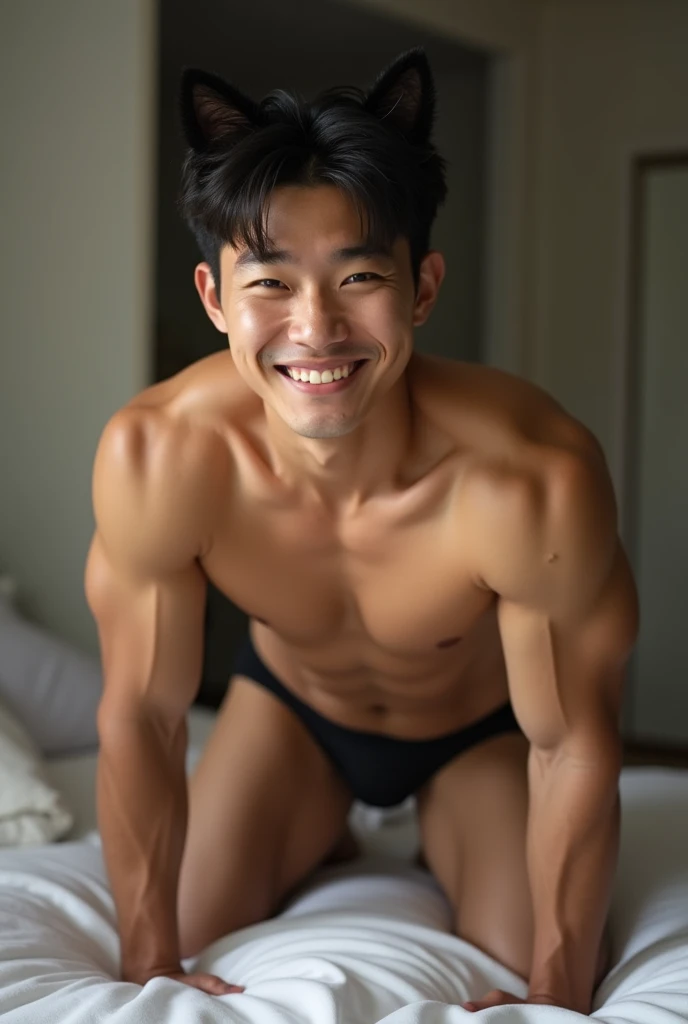 In the captivating image lies a Korean handsome guy, smiling, radiating charisma as he proudly showcases his muscular to to build in a full-bodied, correct looking body , detailed skin, 1boy, ((realistic)), (Crawling on All Fours, Kneeling), on a bed, Wearing a sexy black bikini that accentuates his physique, he stands amidst the bedroom environment, With an unrivaled attention to detail, this photorealistic portrait embodies the National Geographic style, capturing every nuance of his textured skin in 8k resolution. His features emerge in pristine clarity, from the deep-set eyes to the chiseled jawline, making this image a true masterpiece. The lif, best quality, 8K UHD+, Leica digital SLR camera,he has big furry cat ears,