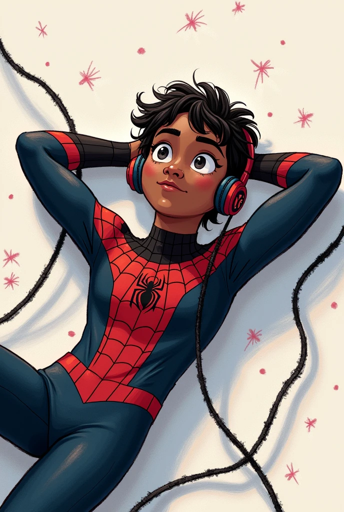 Miles Morales from the movie lying on his web , with his arms behind his head , listening to music, without mask , with his classic black suit , crayon drawing style