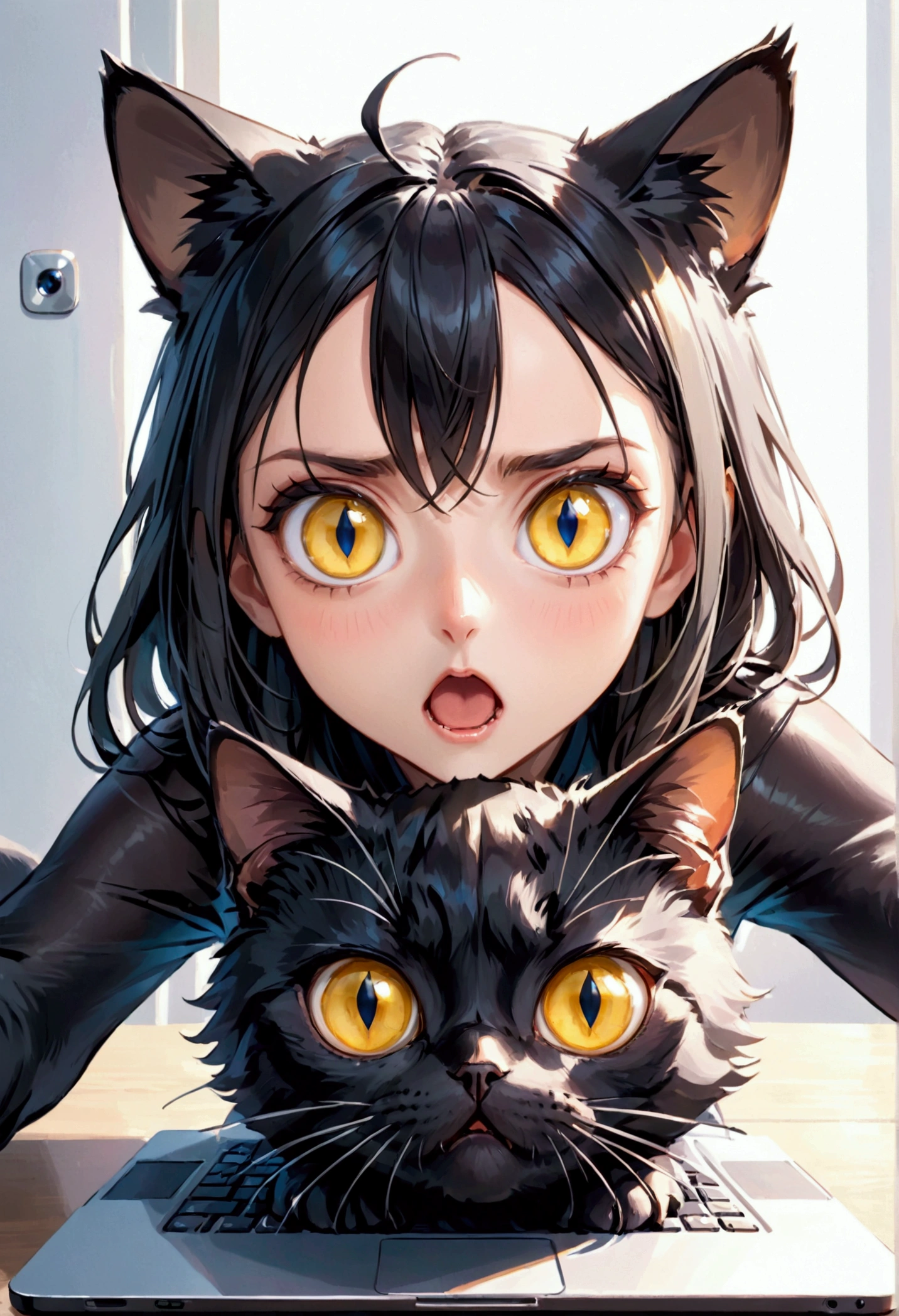 Close-up of a black cat, Accidentally taking a selfie, Beautiful large symmetrical eyes, Typing on a laptop, Wide-eyed and shocked expression, Yellow and Blue Odd-Eye