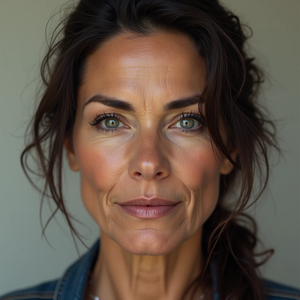Beautiful mature woman 45 years old, wrinkles on the face, detailed face and texture, American woman, looks into the frame