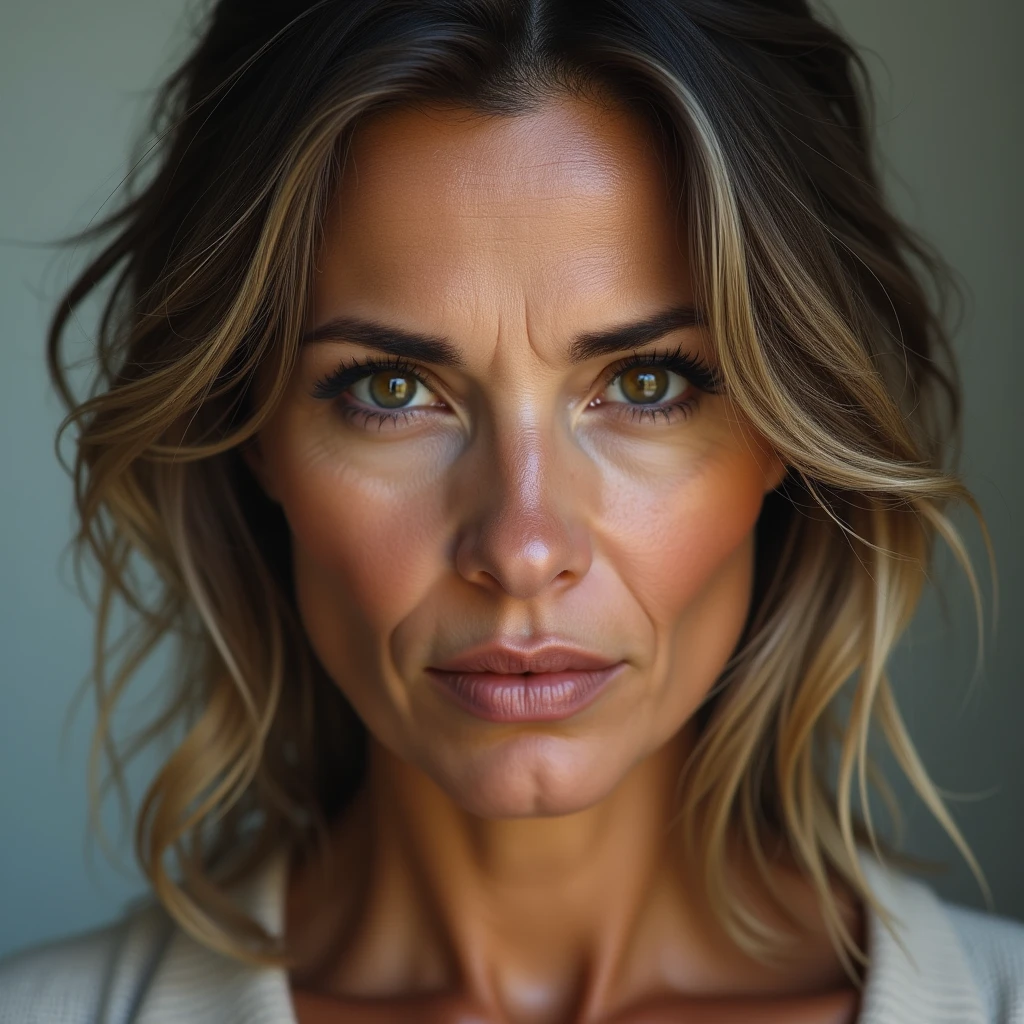 Beautiful mature woman 45 years old, wrinkles on the face, detailed face and texture, American woman, looks into the frame